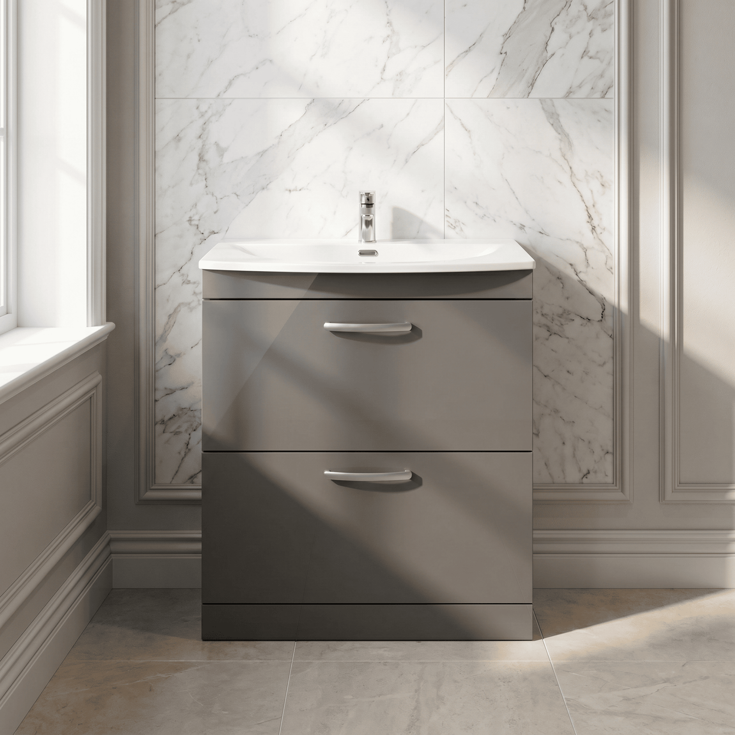 [BFRI079G] Millwich Contemporary 2 Drawer Floor Standing Vanity Unit with Curved Basin - Choice of Size and Colour - Silo
