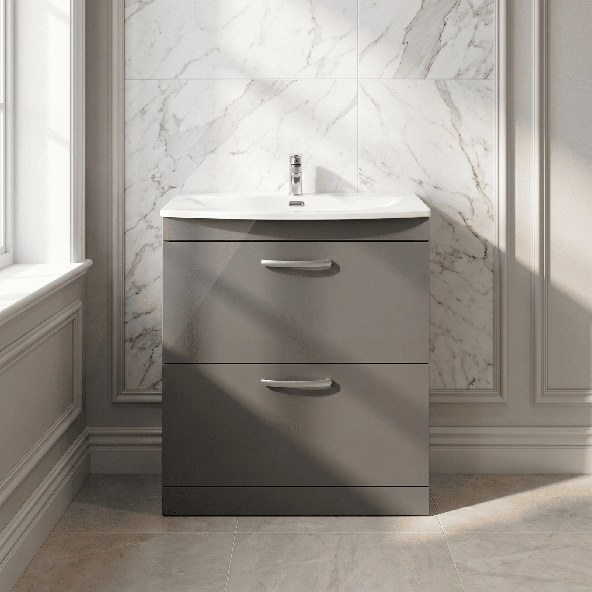 [BFRI079G] Millwich Contemporary 2 Drawer Floor Standing Vanity Unit with Curved Basin - Choice of Size and Colour - Silo