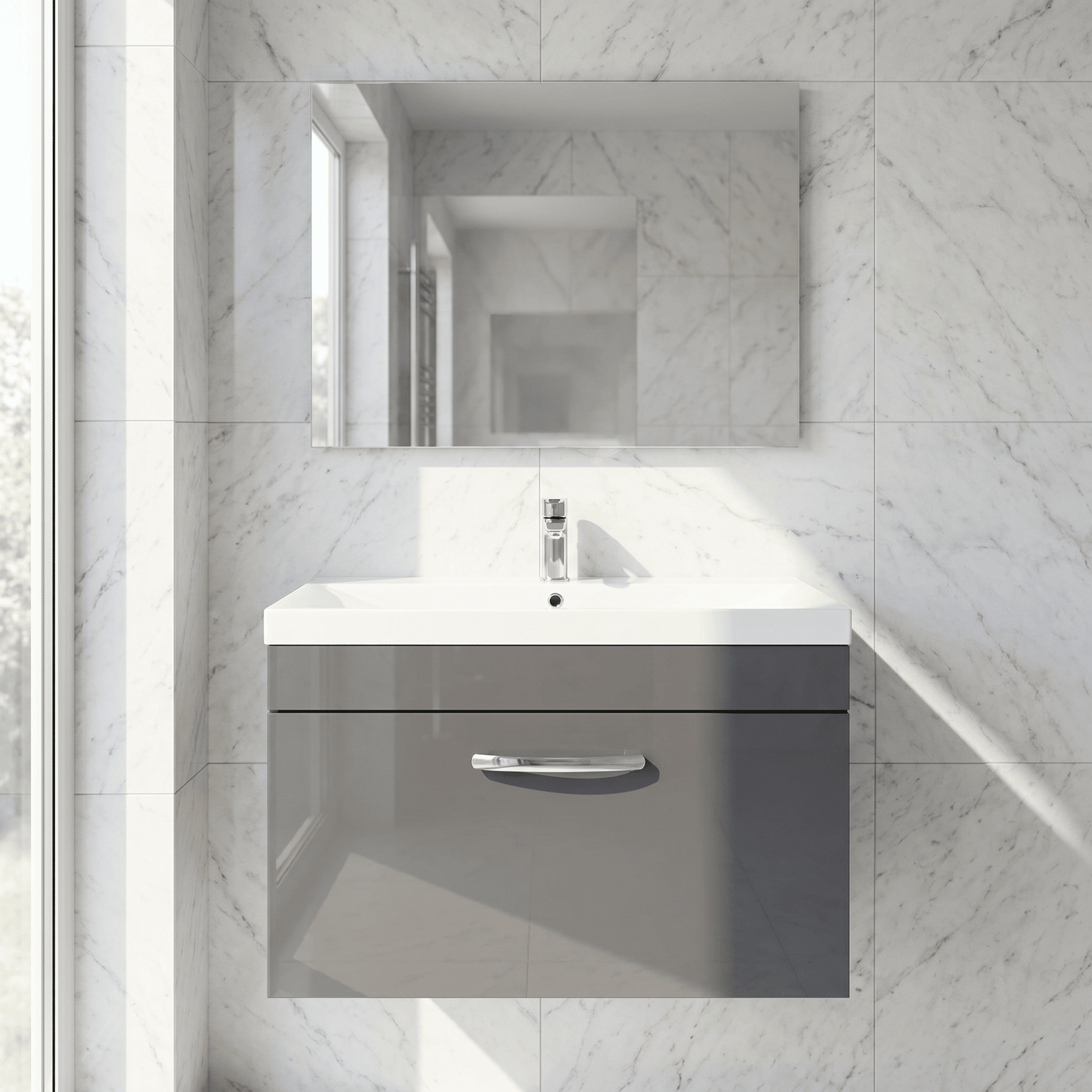 [BFRI080D] Millwich Contemporary 1 Drawer Wall Hung Vanity Unit with Thin Edge Basin - Choice of Size and Colour - Silo