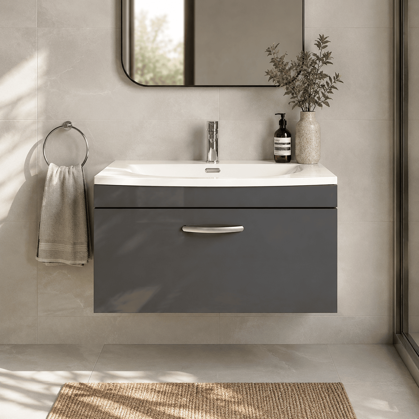 [BFRI080G] Millwich Contemporary 1 Drawer Wall Hung Vanity Unit with Curved Basin - Choice of Size and Colour - Silo