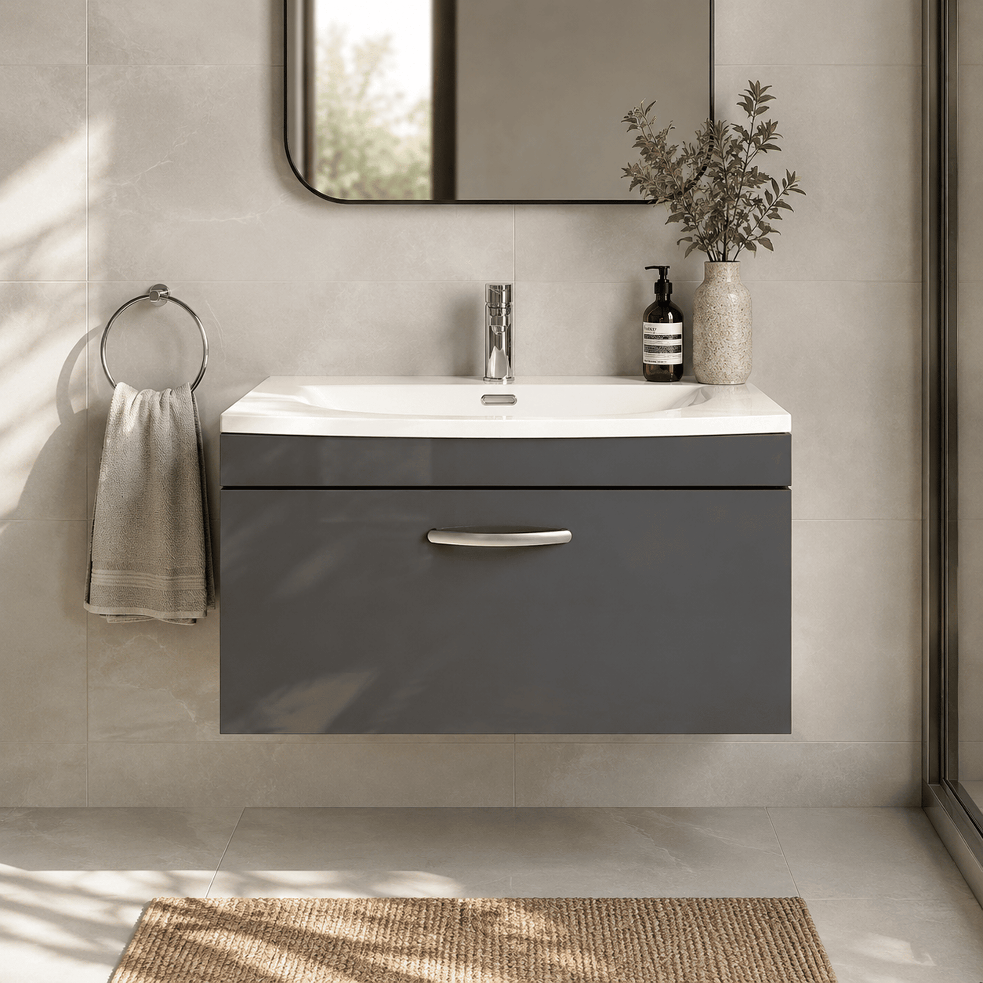 [BFRI080G] Millwich Contemporary 1 Drawer Wall Hung Vanity Unit with Curved Basin - Choice of Size and Colour - Silo