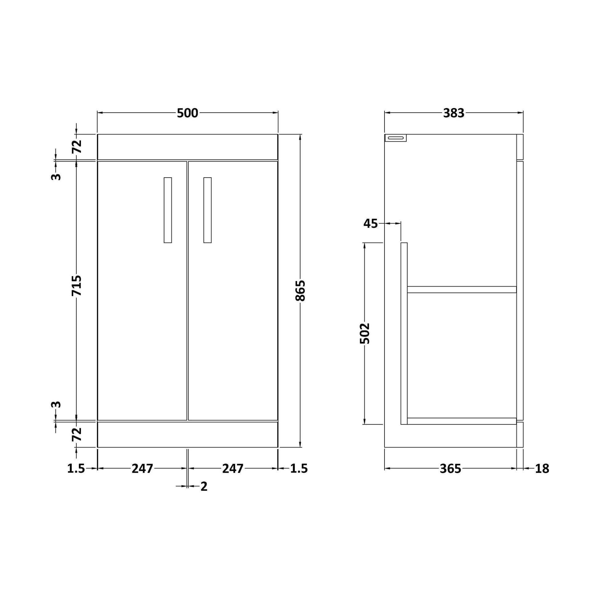 [BFRI102E] 500 Floor Standing 2-Door Basin Unit - Technical Drawing