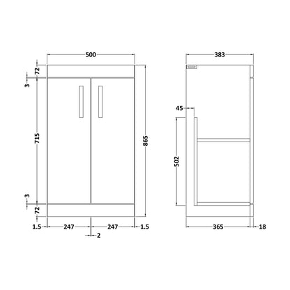 [BFRI102E] 500 Floor Standing 2-Door Basin Unit - Technical Drawing