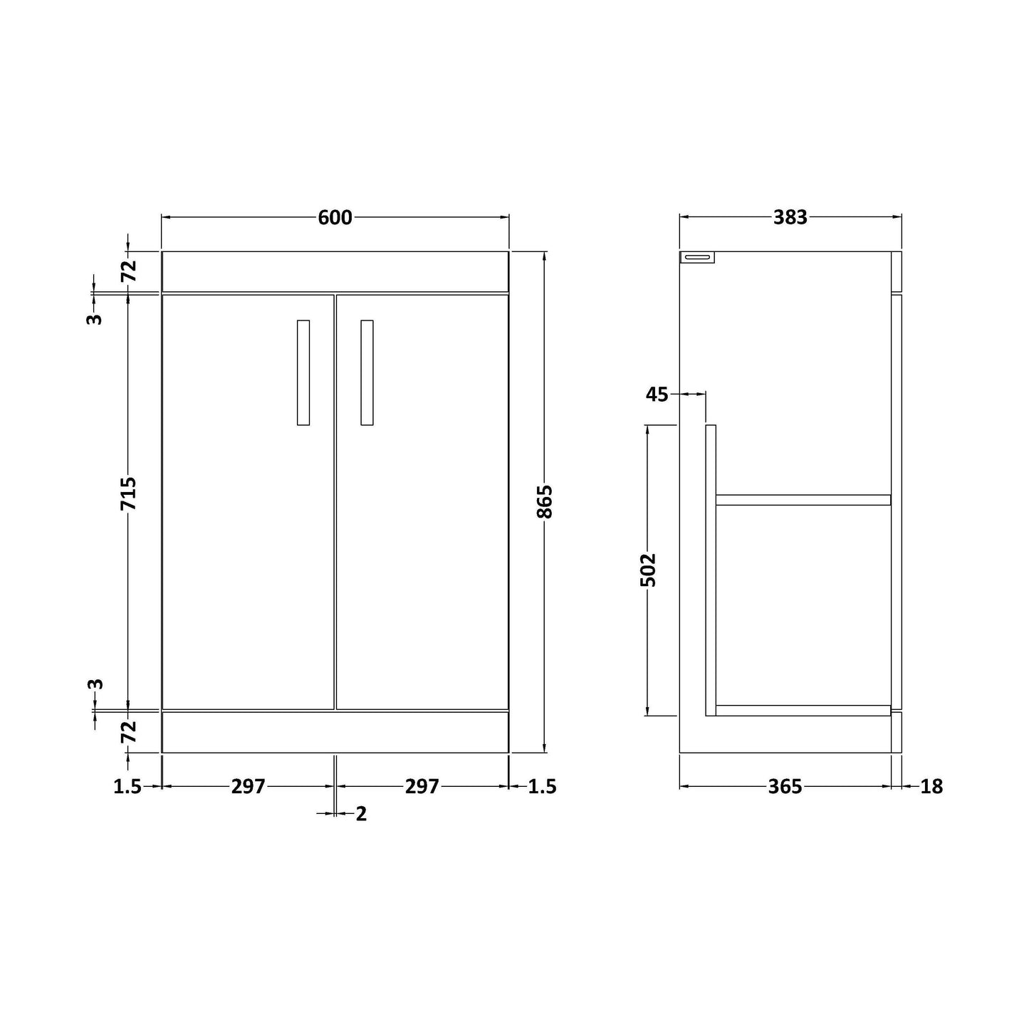 [BFRI103E] 600 Floor Standing 2-Door Basin Unit - Technical Drawing