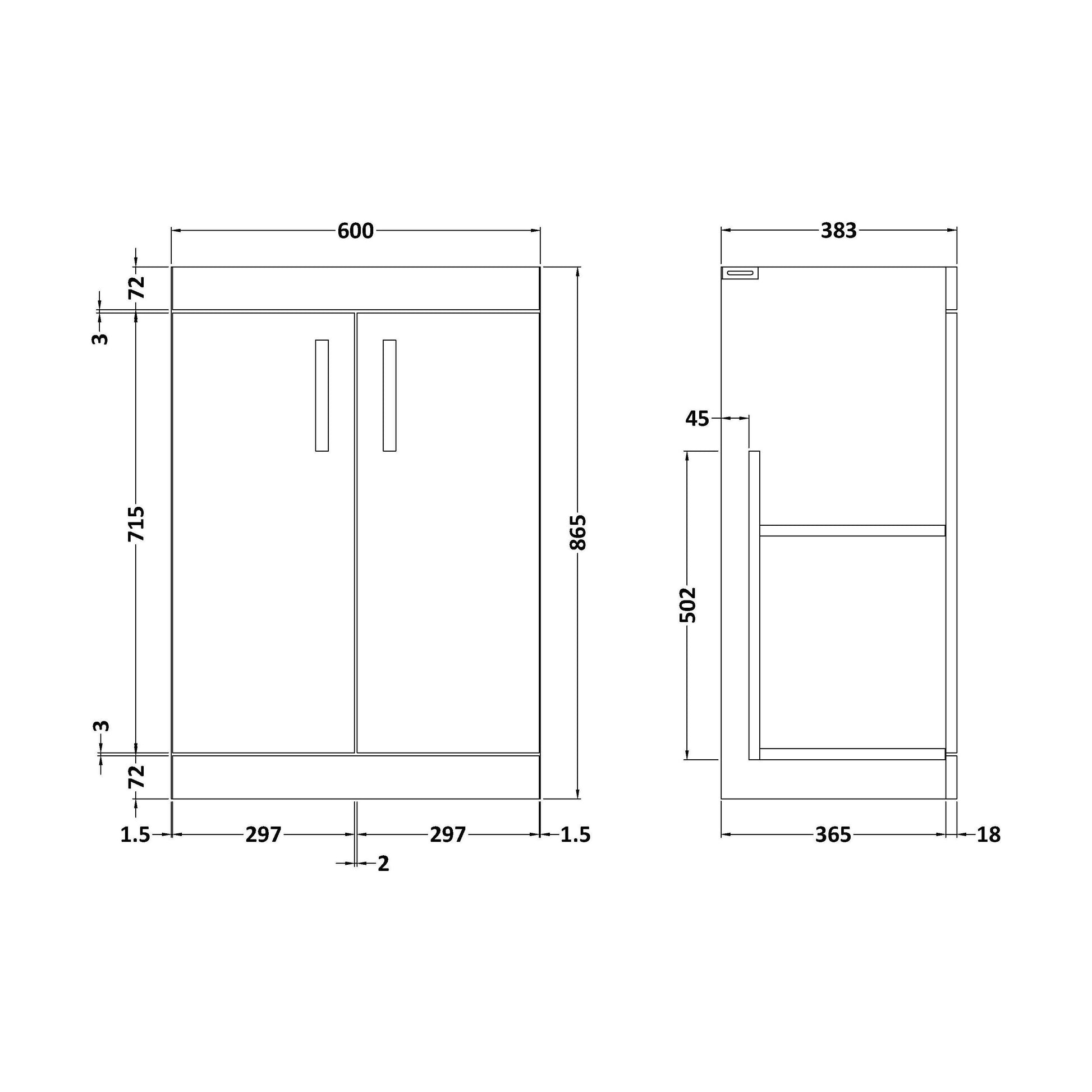 [BFRI103E] 600 Floor Standing 2-Door Basin Unit - Technical Drawing