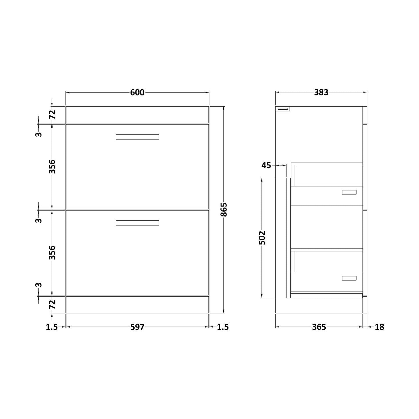 [BFRI133E] 600 Floor Standing 2-Drawer Basin Unit - Technical Drawing