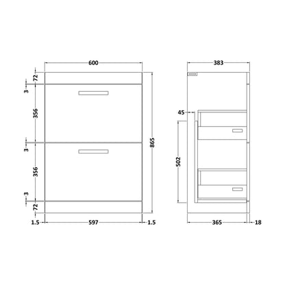 [BFRI133E] 600 Floor Standing 2-Drawer Basin Unit - Technical Drawing