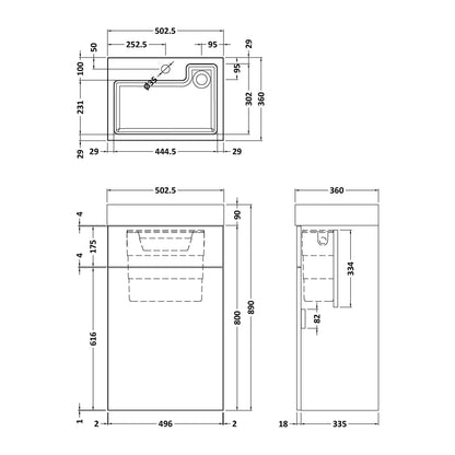 [BFRI1445CB] Millwich 500mm Floor Standing Combination Basin and WC Unit - Choice of Colour - Technical Drawing