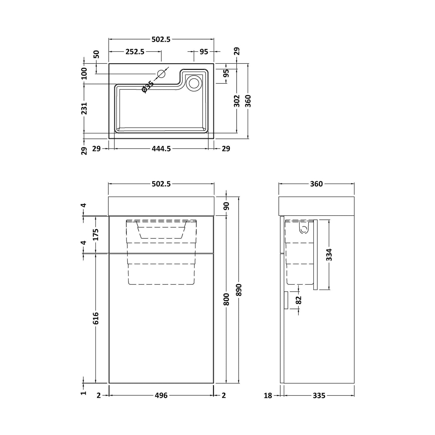 [BFRI145CB] 500mm Basin With WC Unit GLWHT - Technical Drawing
