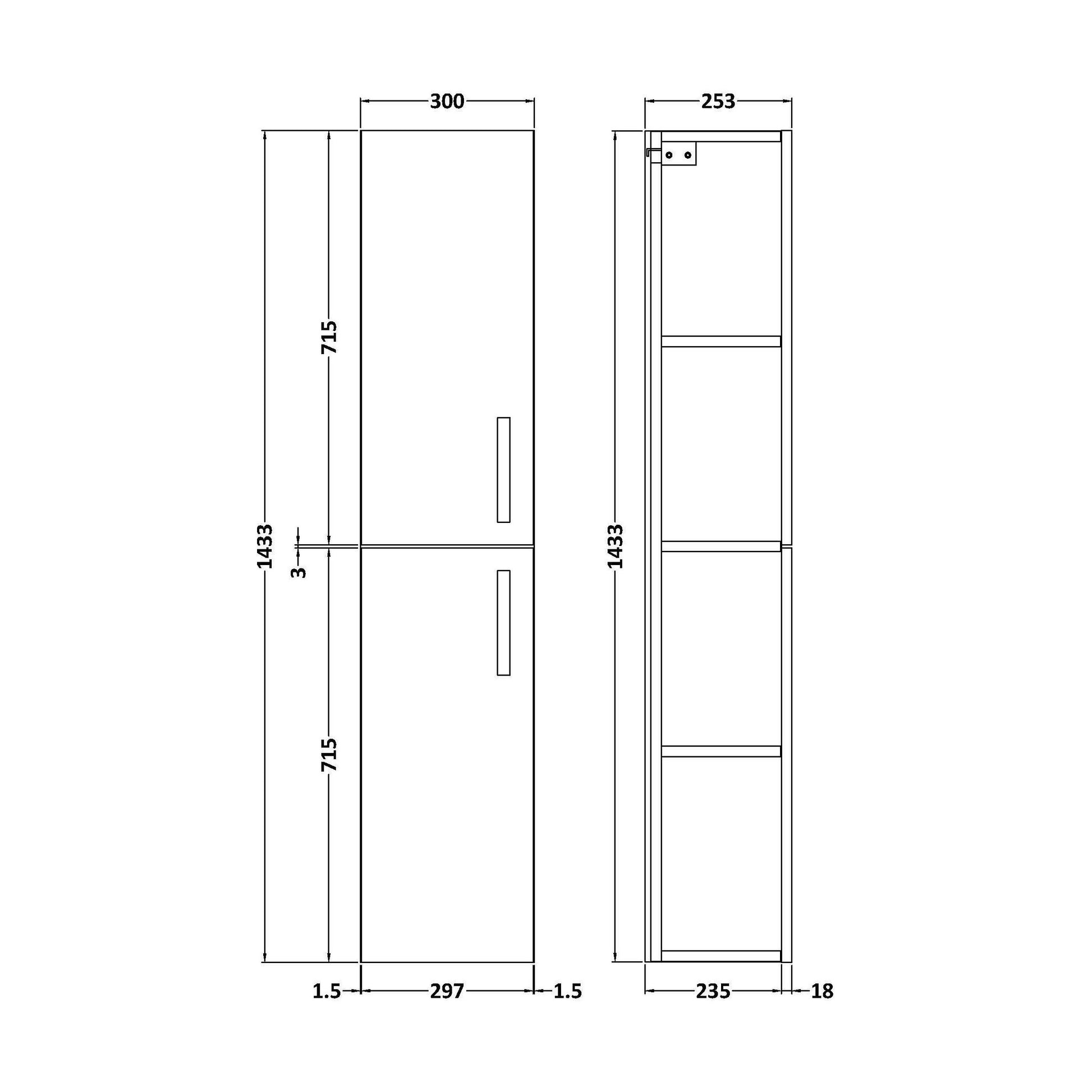 [BFRI162E] 300mm Tall Unit 2 Door GLWHT - Technical Drawing