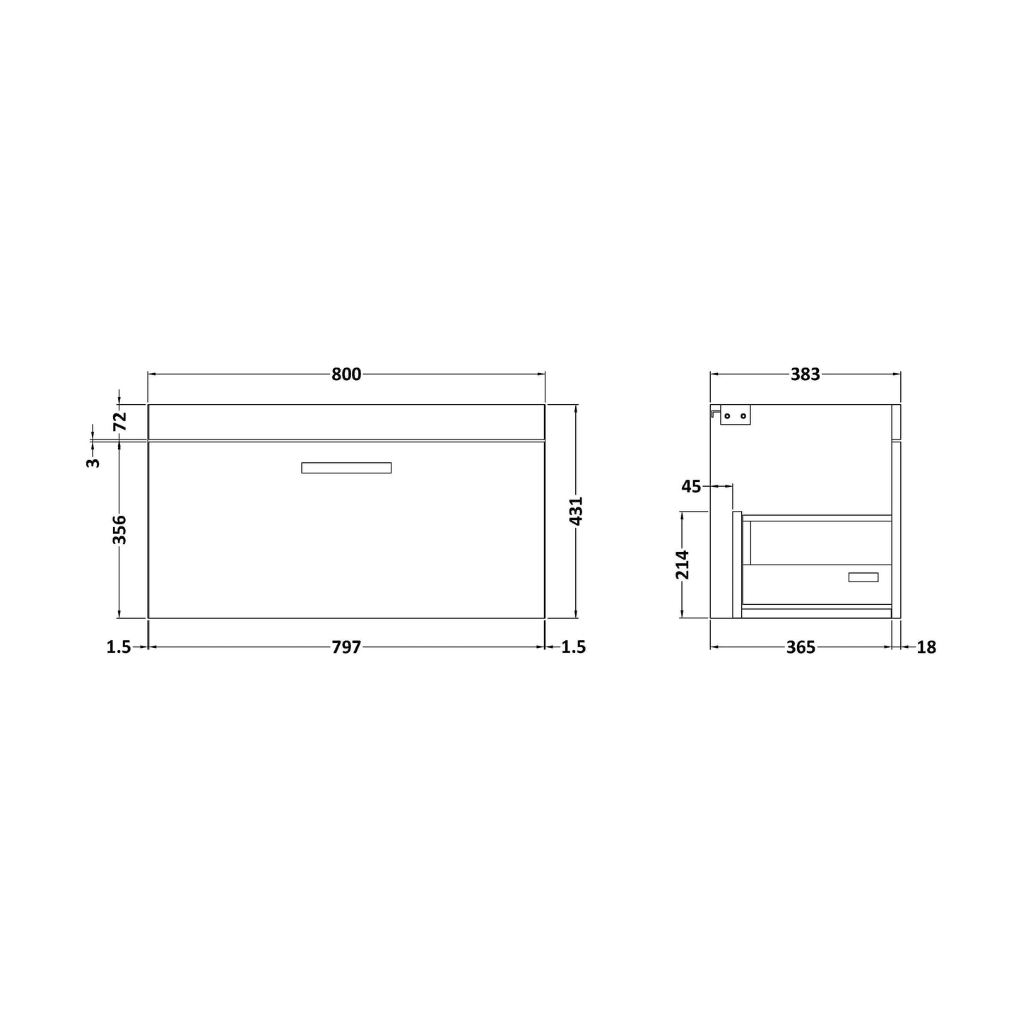[BFRI165E] 800 Wall Hung Single Drawer Basin Unit - Technical Drawing