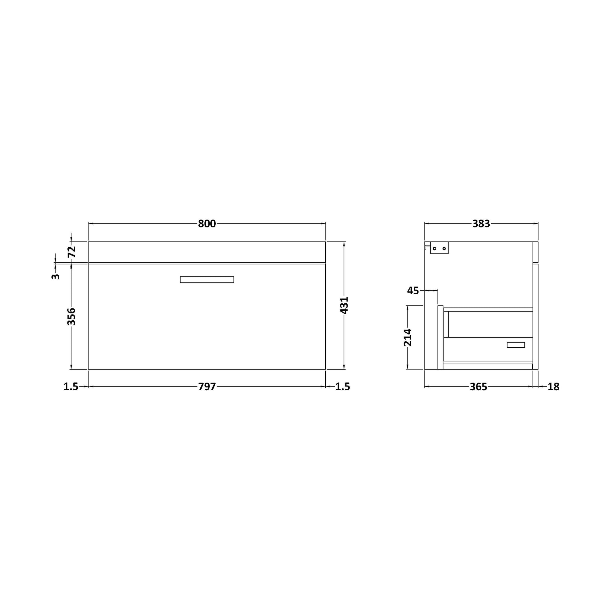 [BFRI165E] 800 Wall Hung Single Drawer Basin Unit - Technical Drawing