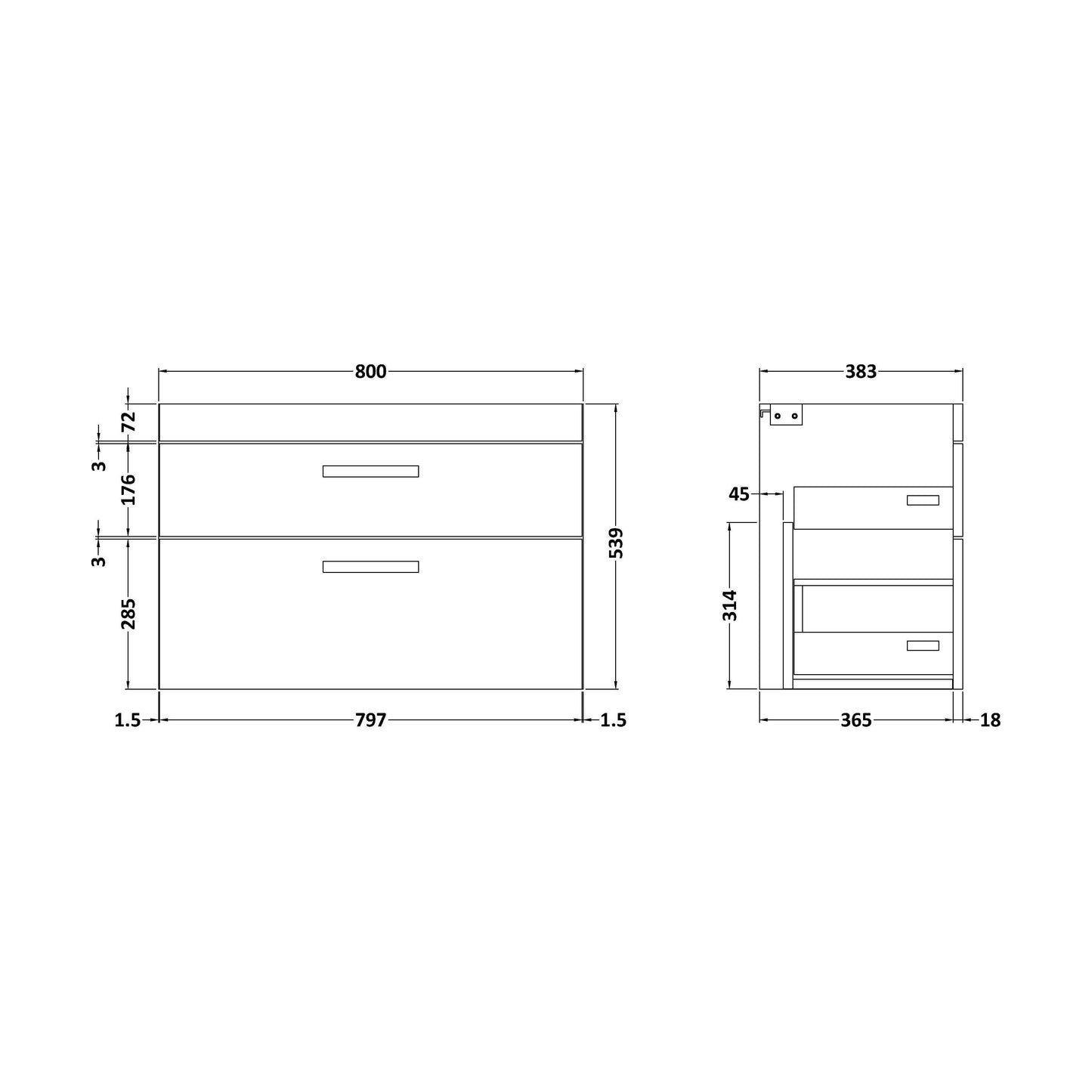 [BFRI175E] 800 Wall Hung 2-Drawer Basin Unit - Technical Drawing