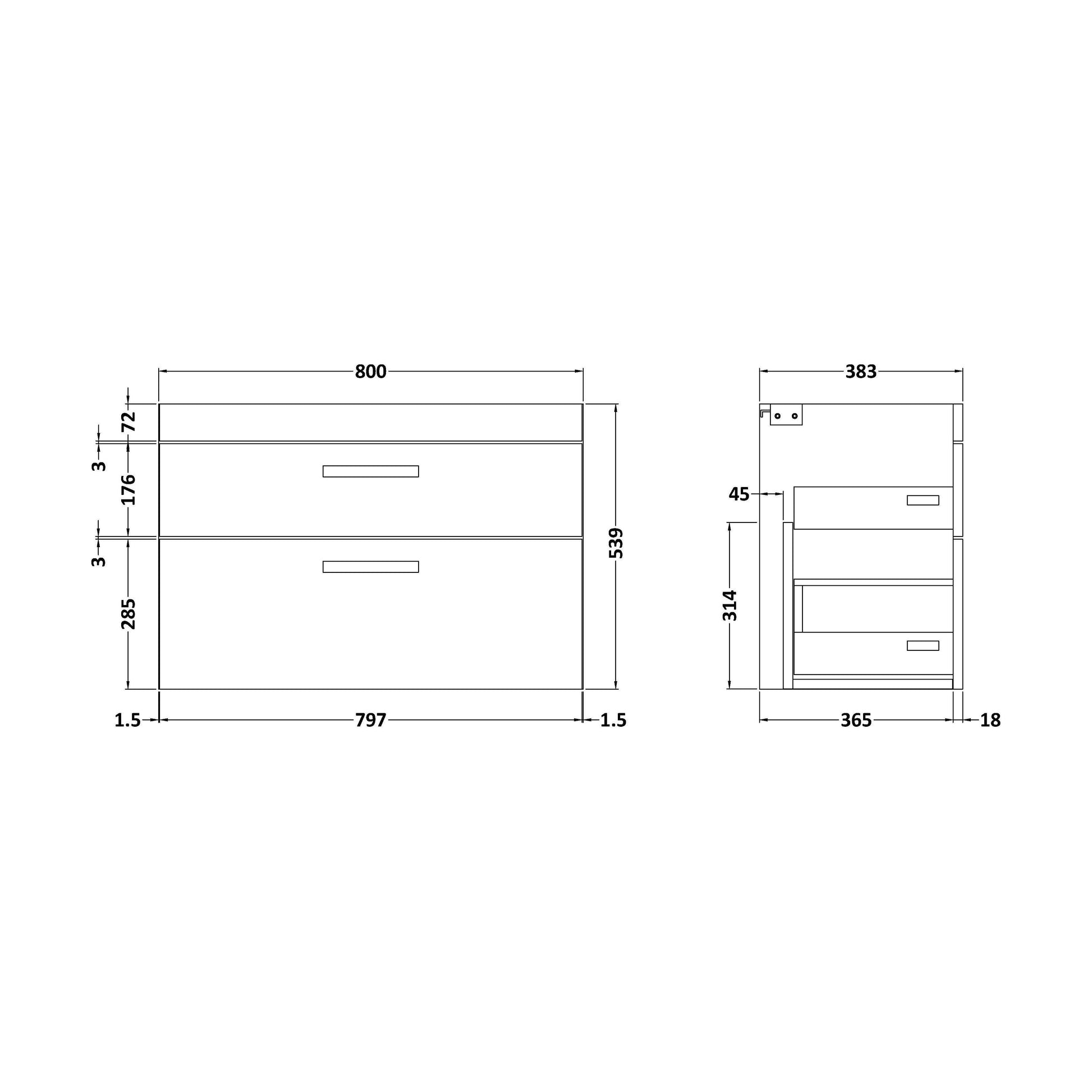[BFRI175E] 800 Wall Hung 2-Drawer Basin Unit - Technical Drawing
