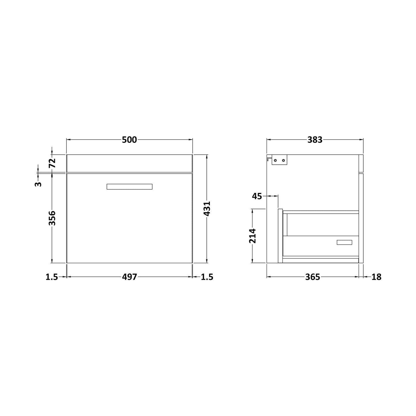 [BFRI182E] 500 Wall Hung Single Drawer Basin Unit - Technical Drawing