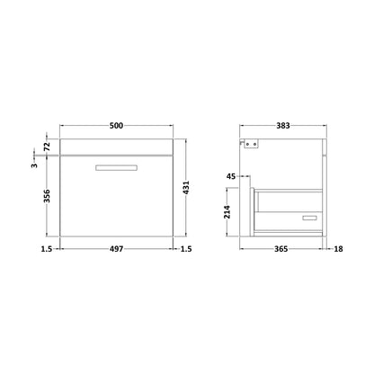 [BFRI182E] 500 Wall Hung Single Drawer Basin Unit - Technical Drawing
