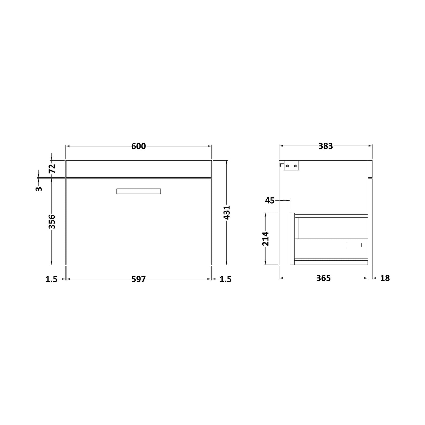 [BFRI183E] 600 Wall Hung Single Drawer Basin Unit - Technical Drawing