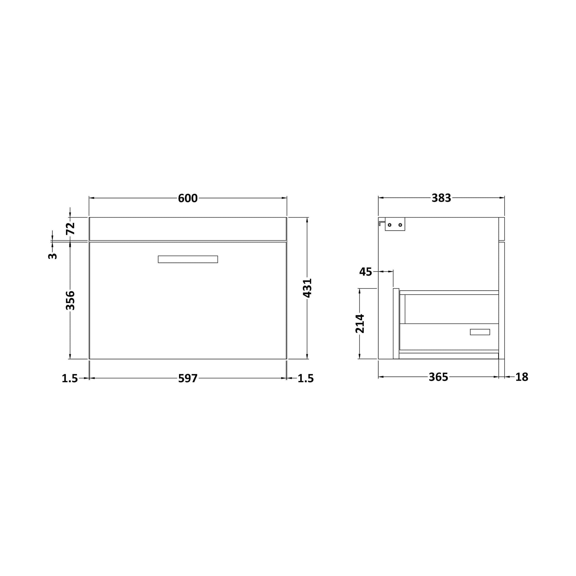 [BFRI183E] 600 Wall Hung Single Drawer Basin Unit - Technical Drawing
