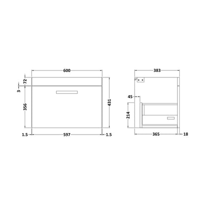 [BFRI183E] 600 Wall Hung Single Drawer Basin Unit - Technical Drawing