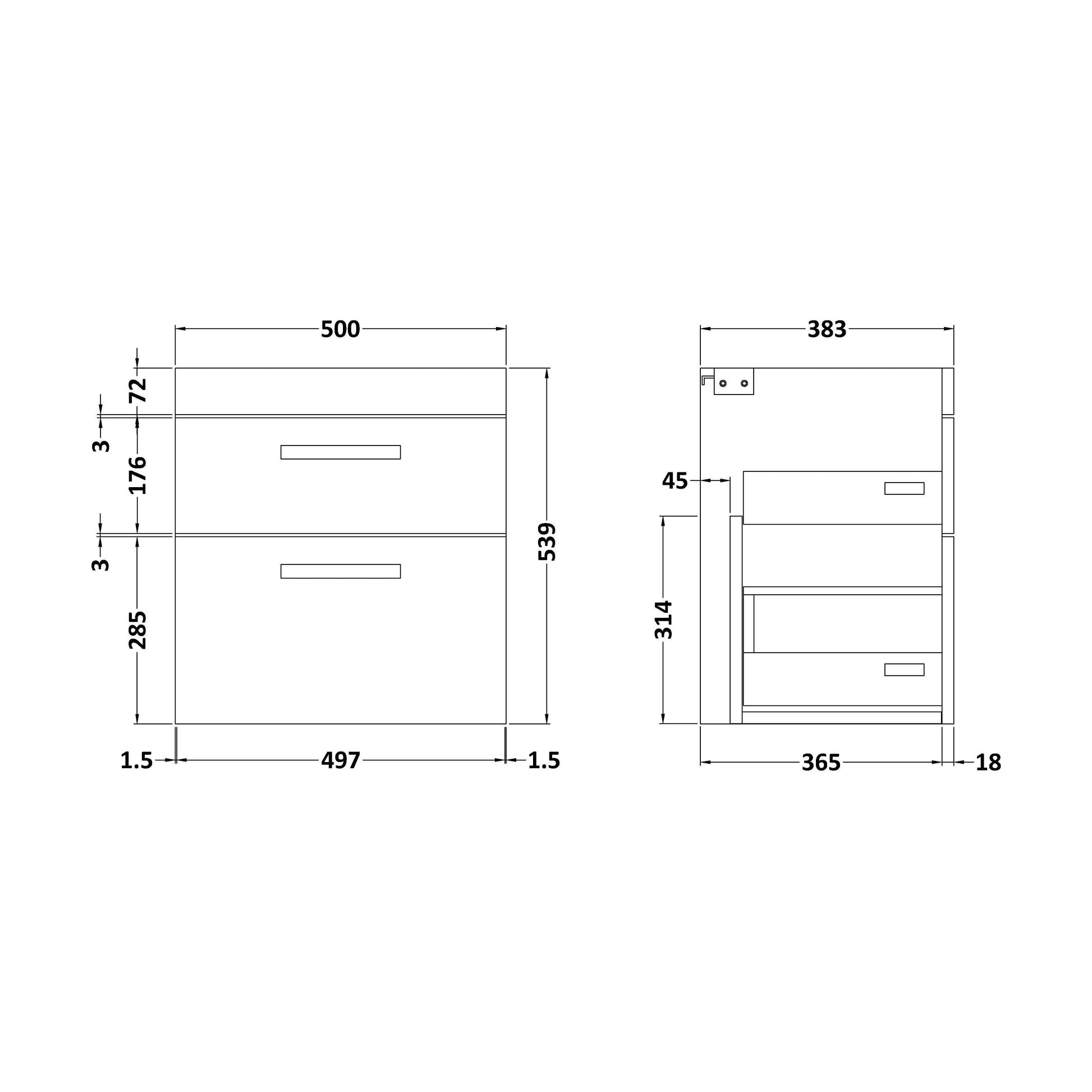 [BFRI192E] 500 Wall Hung 2-Drawer Basin Unit - Technical Drawing