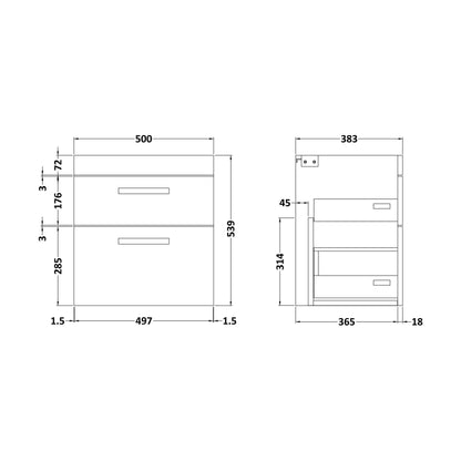 [BFRI192E] 500 Wall Hung 2-Drawer Basin Unit - Technical Drawing