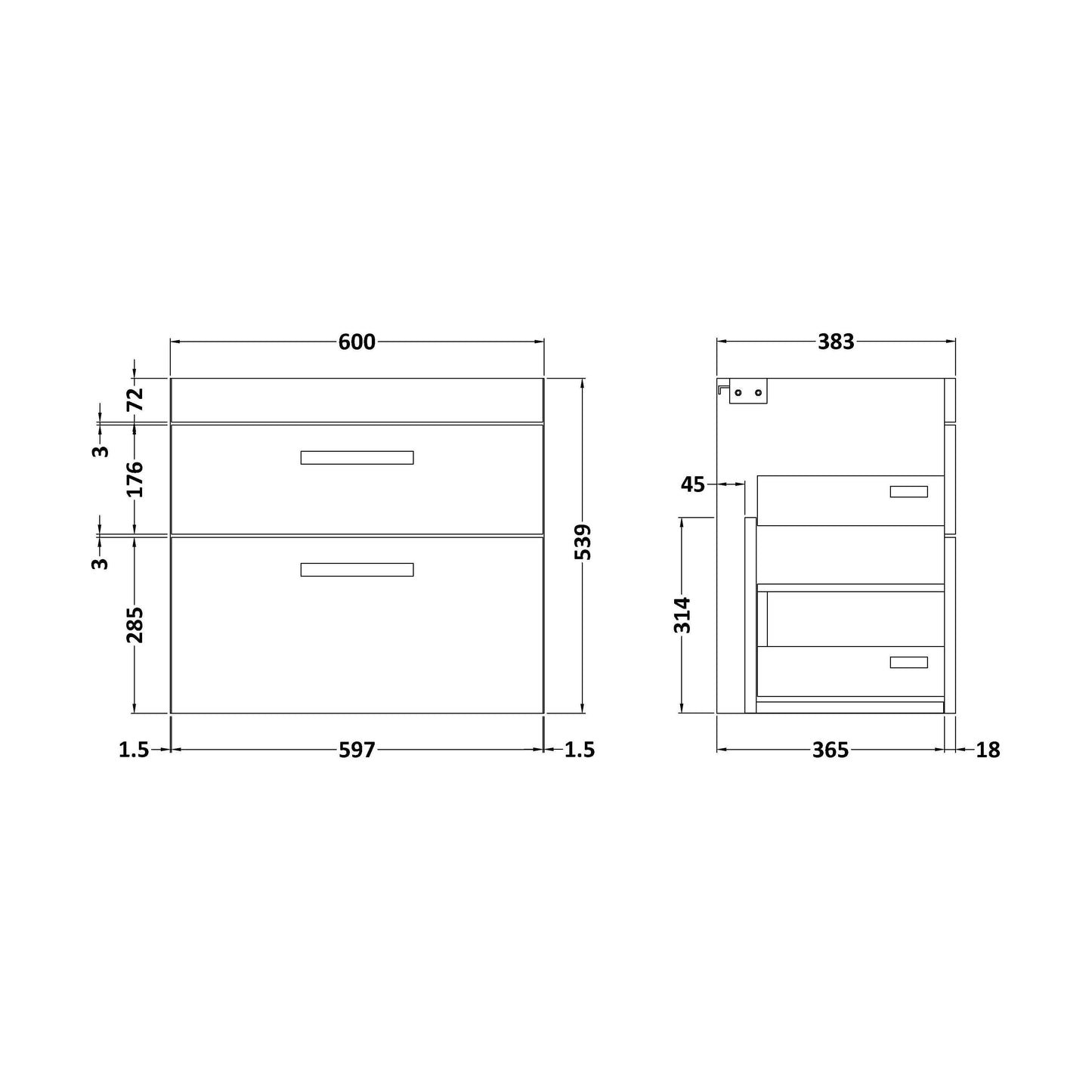 [BFRI193E] 600 Wall Hung 2-Drawer Basin Unit - Technical Drawing