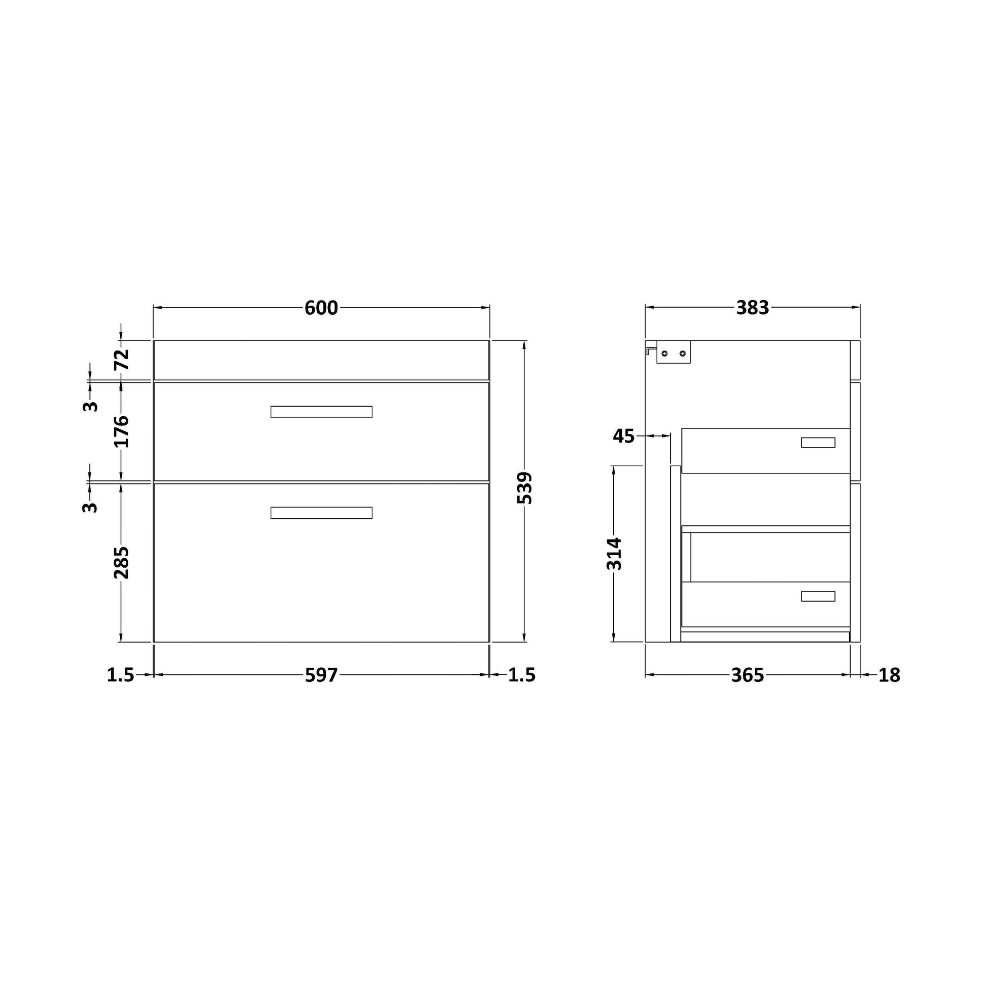 [BFRI193E] 600 Wall Hung 2-Drawer Basin Unit - Technical Drawing
