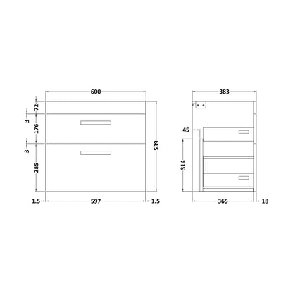 [BFRI193E] 600 Wall Hung 2-Drawer Basin Unit - Technical Drawing