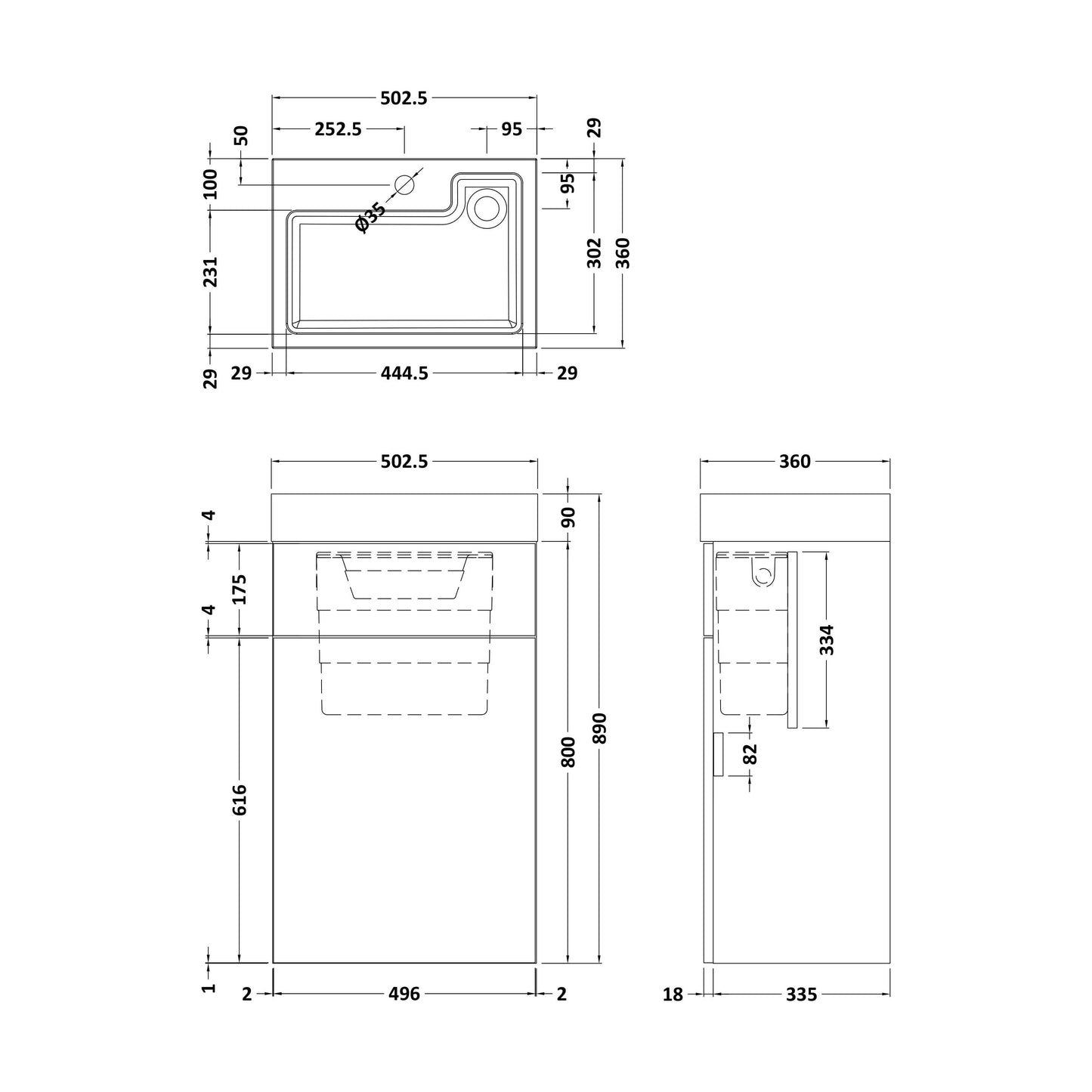 [BFRI3045CB] 500x330 2in1 Combi Unit-Inc Basin & Cist - Technical Drawing