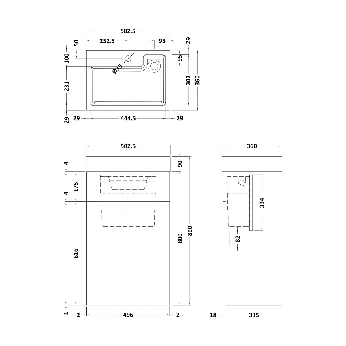 [BFRI3045CB] Millwich 500mm Floor Standing Combination Basin and WC Unit - Choice of Colour - Technical Drawing