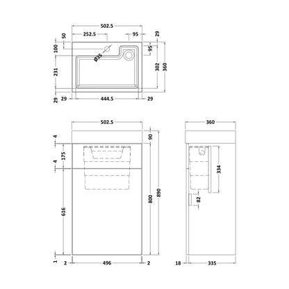 [BFRI3045CB] Millwich 500mm Floor Standing Combination Basin and WC Unit - Choice of Colour - Technical Drawing