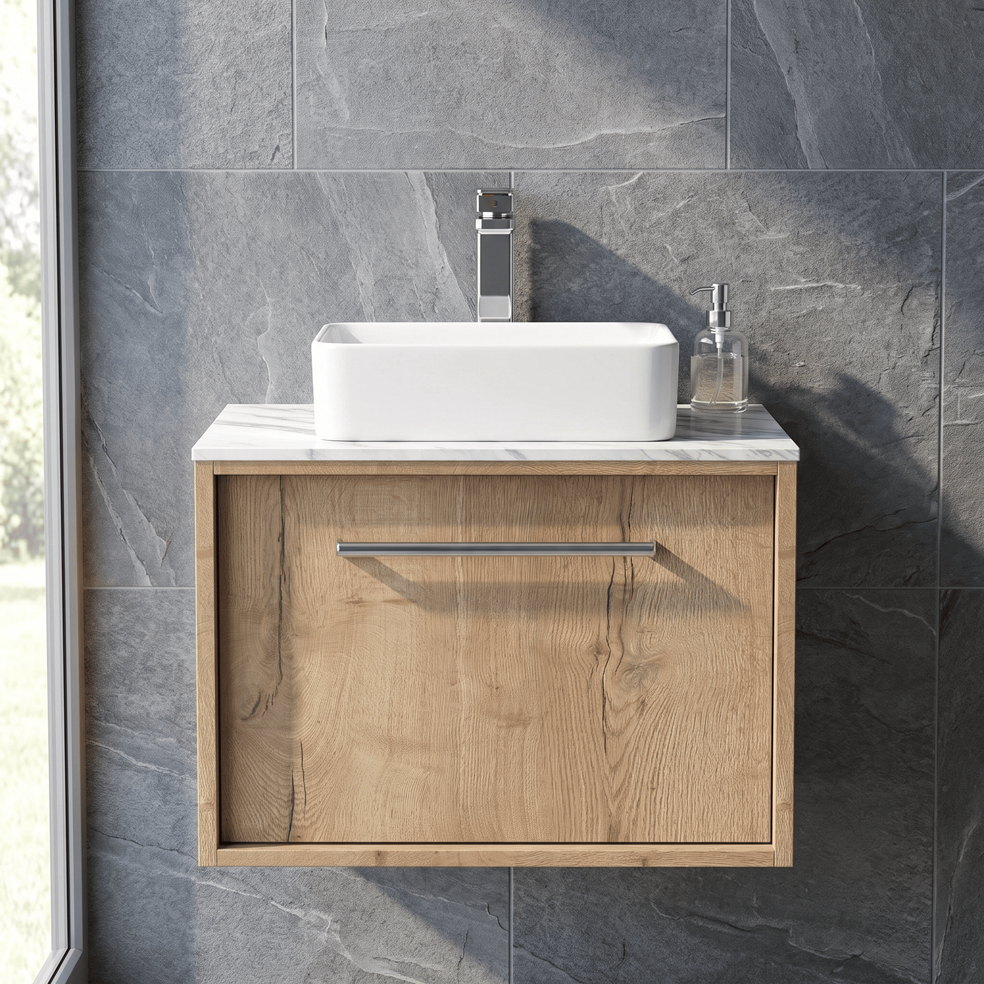 [BFRS1894CMT] Sturbridge Contemporary Wall Hung 1 Drawer Vanity Unit with Carrera Marble Top - Choice of Size and Colour - Silo