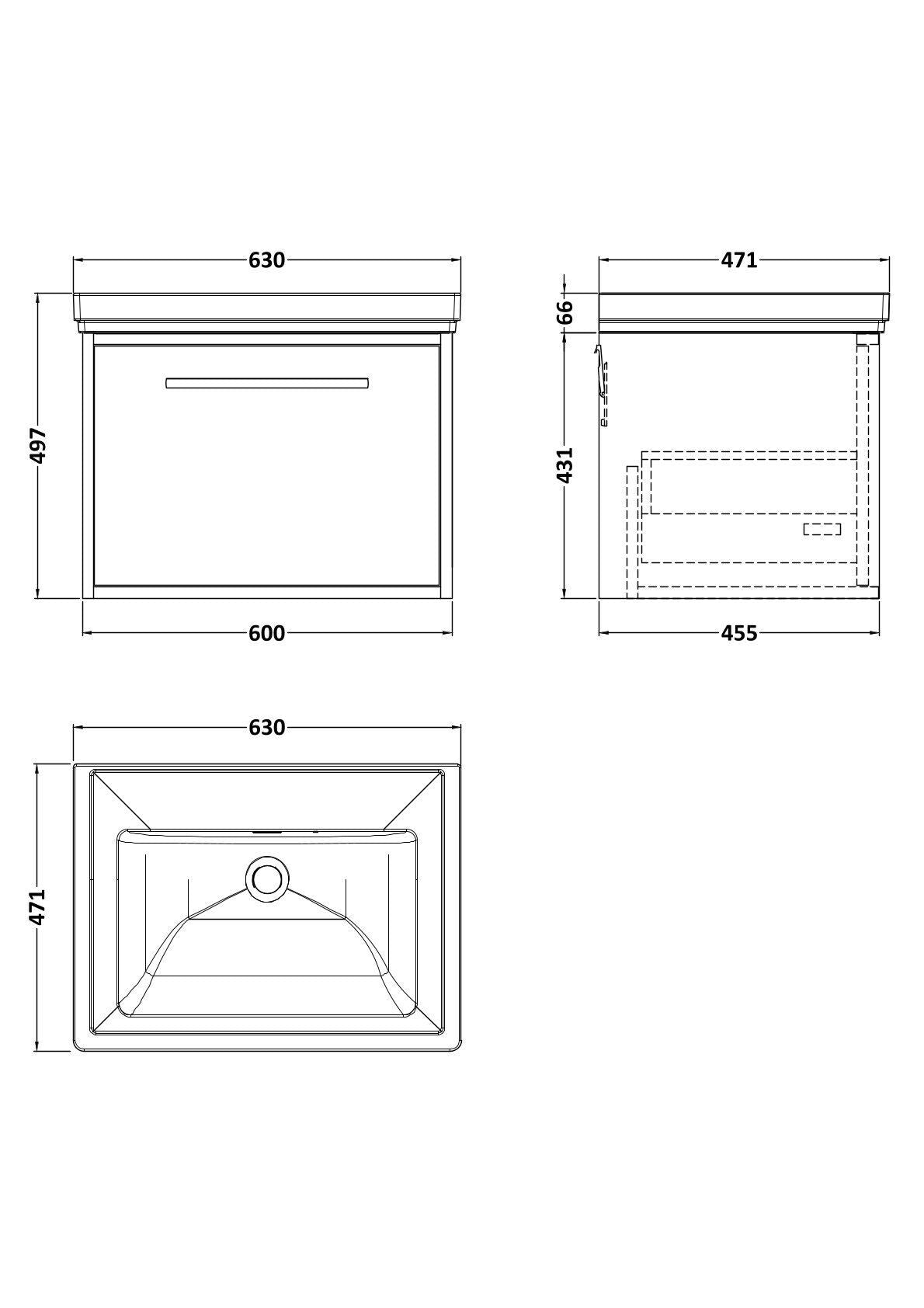 [BFRS1894H] Sturbridge Contemporary Wall Hung 1 Drawer Vanity Unit with Traditional 0 Tap Hole Fireclay Basin - Choice of Size and Colour - Technical Drawing