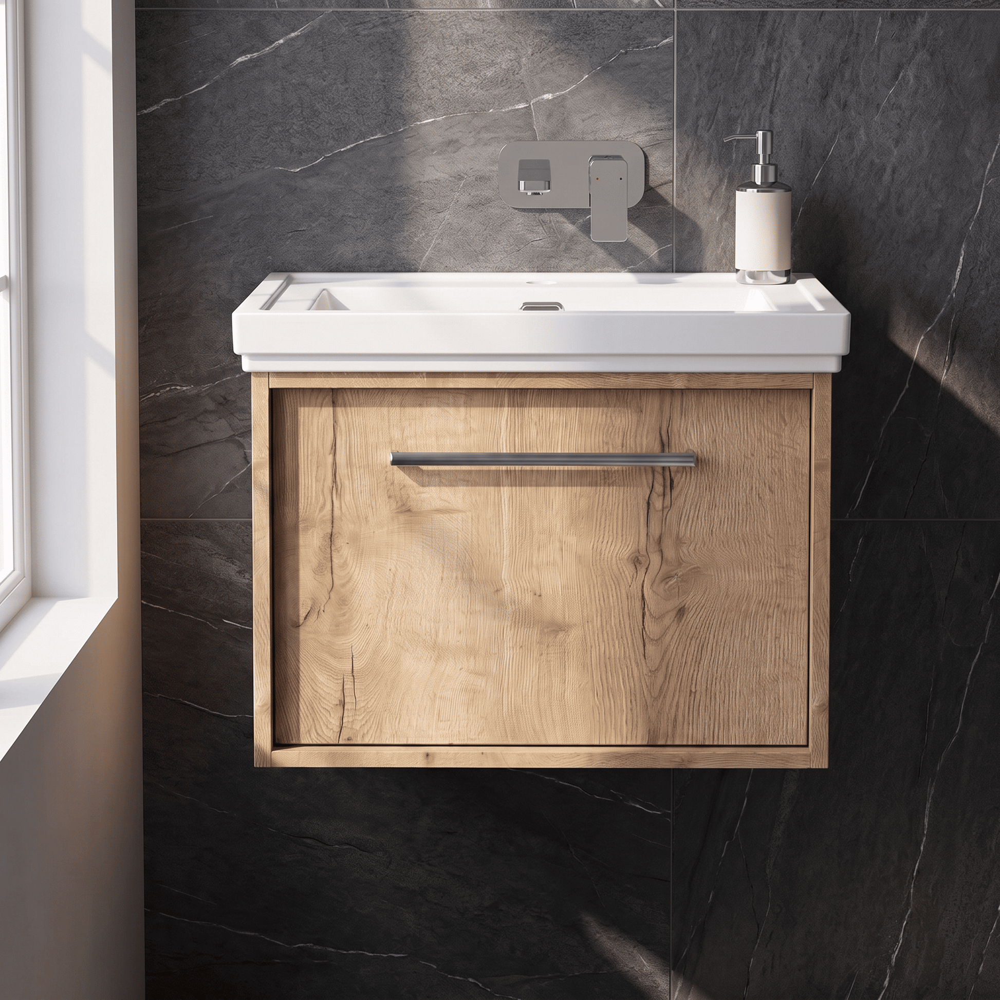 [BFRS1894H] Sturbridge Contemporary Wall Hung 1 Drawer Vanity Unit with Traditional 0 Tap Hole Fireclay Basin - Choice of Size and Colour - Silo