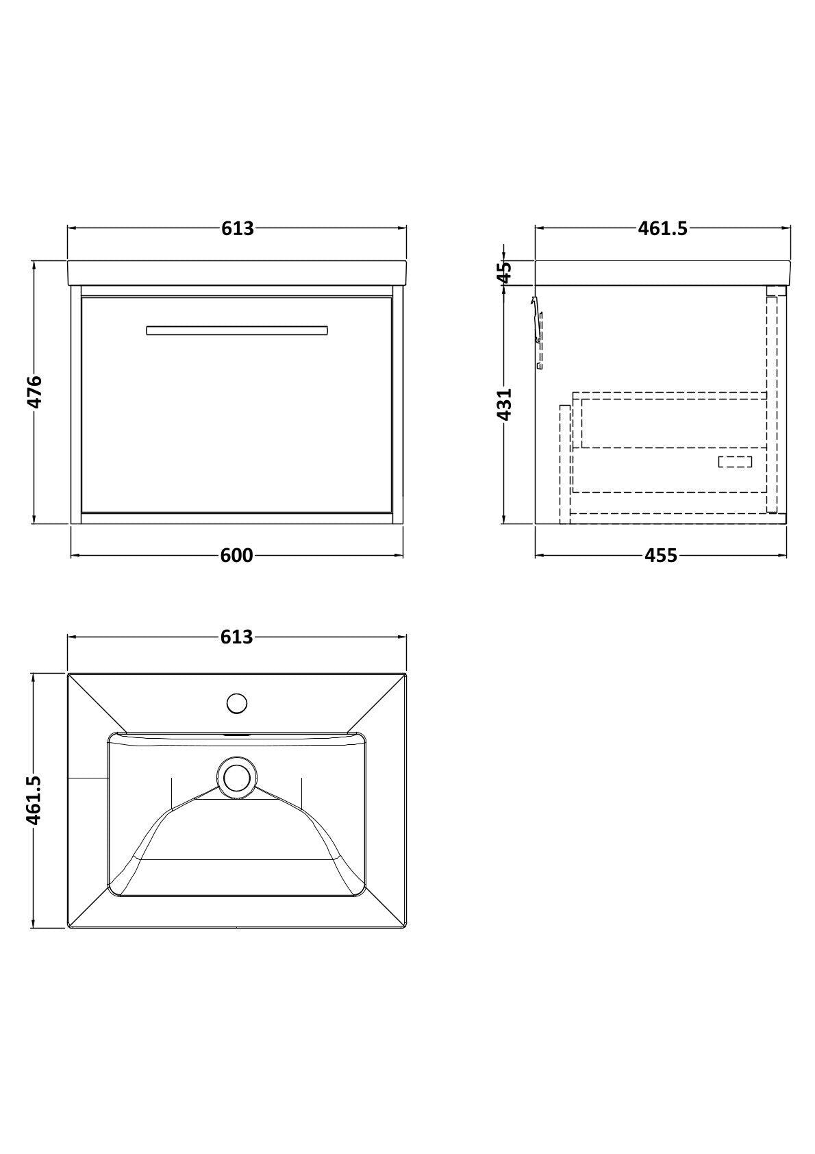 [BFRS1894L] Sturbridge Contemporary Wall Hung 1 Drawer Vanity Unit with 1 Tap Hole Contemporary Fireclay Basin - Choice of Size and Colour - Technical Drawing