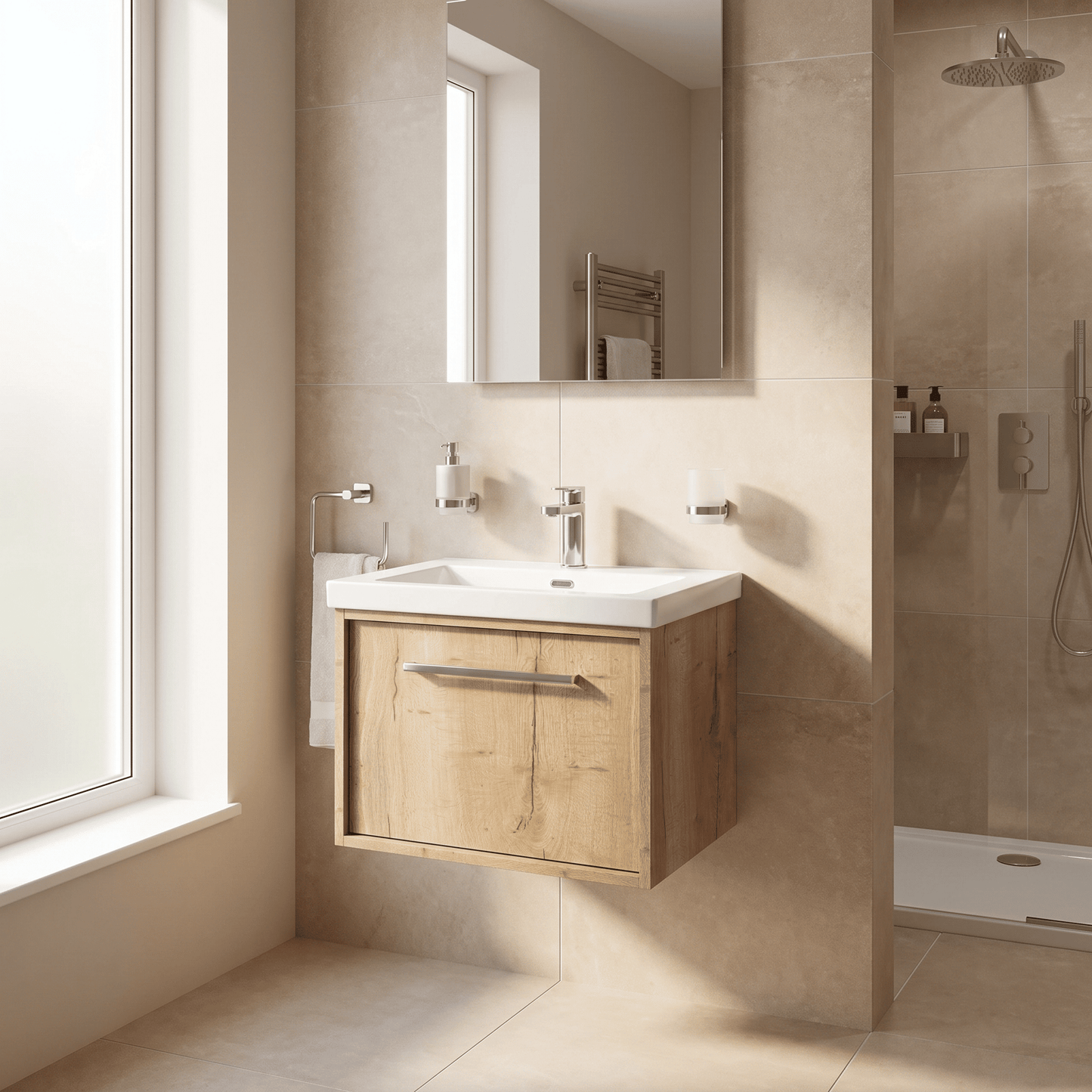 [BFRS1894L] Sturbridge Contemporary Wall Hung 1 Drawer Vanity Unit with 1 Tap Hole Contemporary Fireclay Basin - Choice of Size and Colour - Lifestyle 1