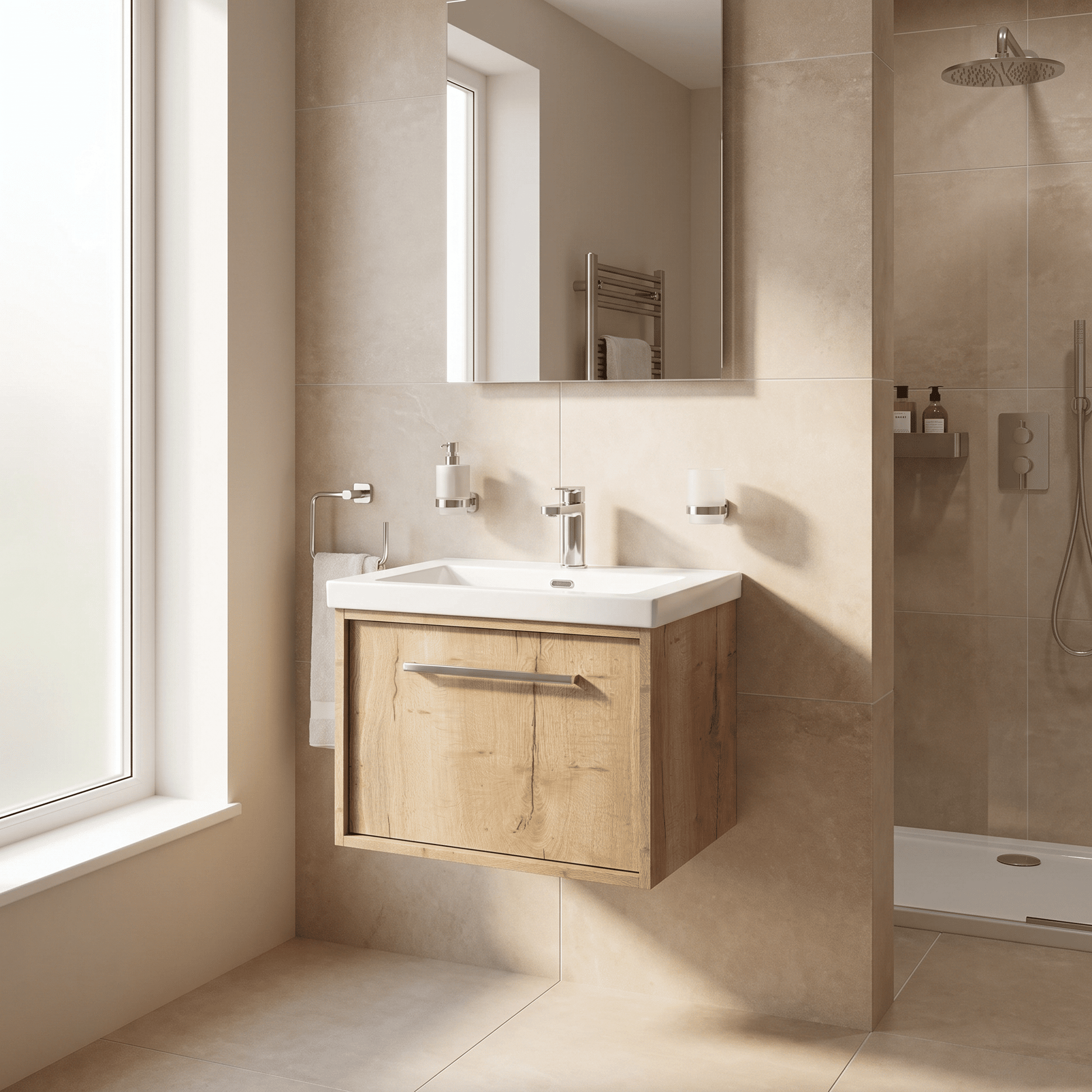 [BFRS1894L] Sturbridge Contemporary Wall Hung 1 Drawer Vanity Unit with 1 Tap Hole Contemporary Fireclay Basin - Choice of Size and Colour - Lifestyle 1