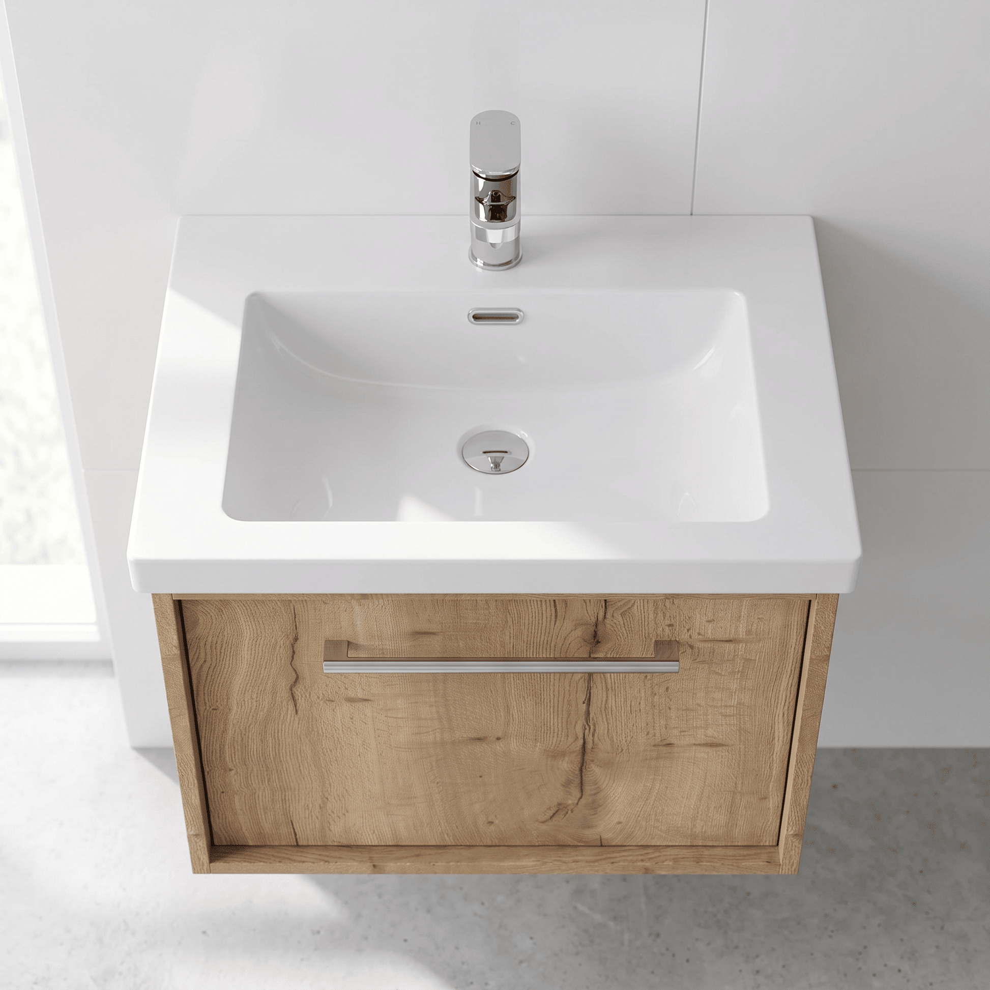 [BFRS1894L] Sturbridge Contemporary Wall Hung 1 Drawer Vanity Unit with 1 Tap Hole Contemporary Fireclay Basin - Choice of Size and Colour - Lifestyle 2