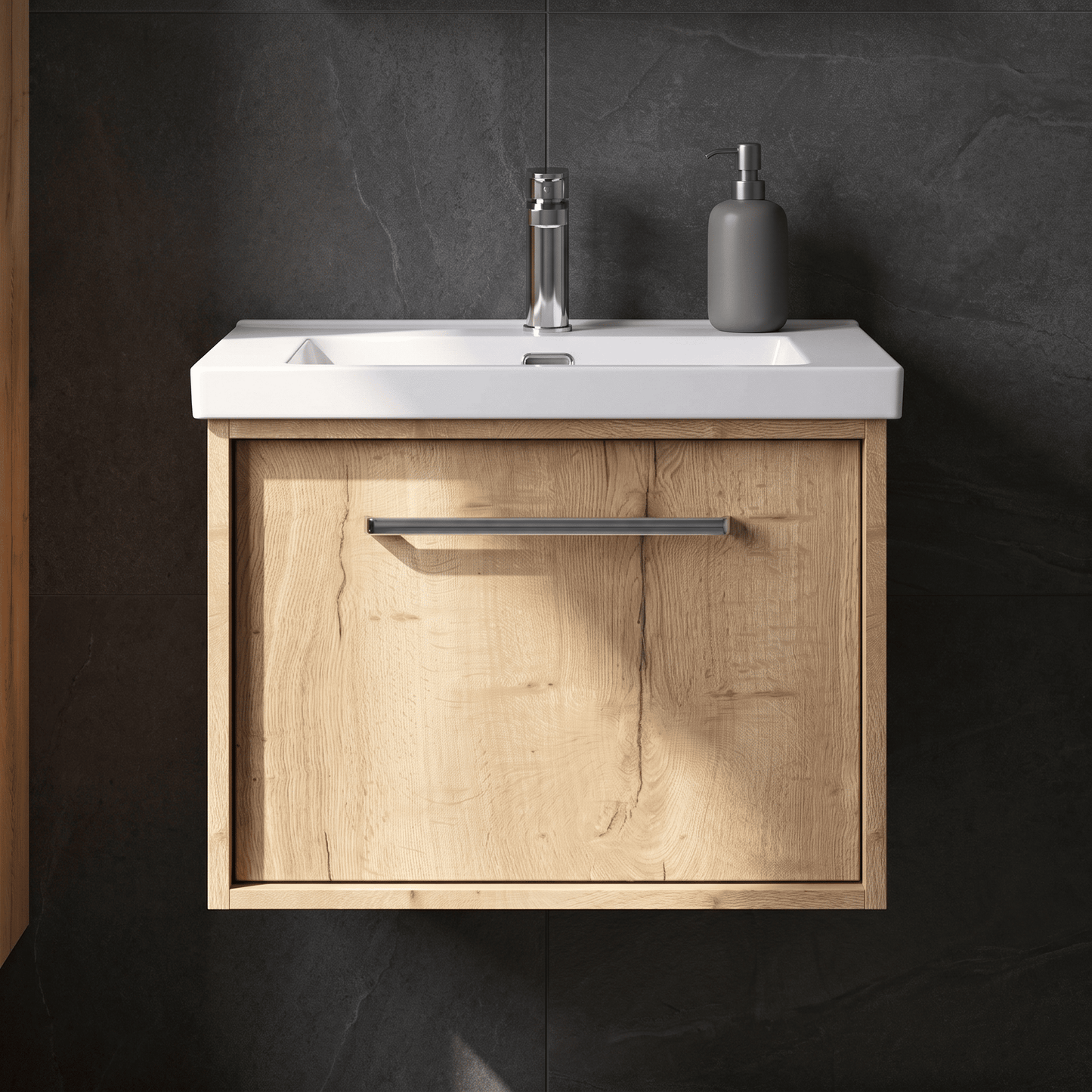 [BFRS1894L] Sturbridge Contemporary Wall Hung 1 Drawer Vanity Unit with 1 Tap Hole Contemporary Fireclay Basin - Choice of Size and Colour - Silo