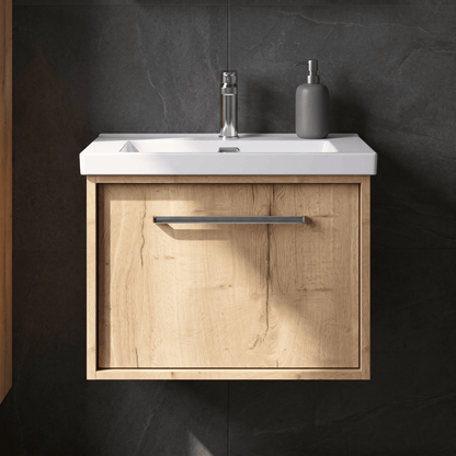 [BFRS1894L] Sturbridge Contemporary Wall Hung 1 Drawer Vanity Unit with 1 Tap Hole Contemporary Fireclay Basin - Choice of Size and Colour - Silo