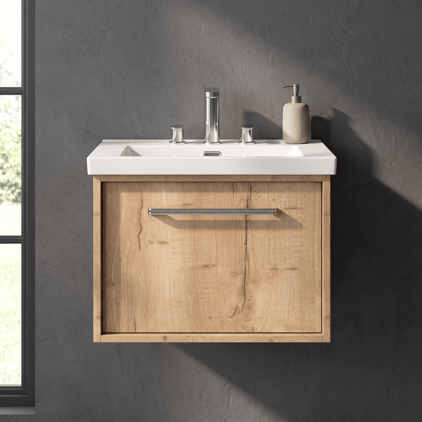 [BFRS1894M] Sturbridge Contemporary Wall Hung 1 Drawer Vanity Unit with 3 Tap Hole Fireclay Basin - Choice of Size and Colour - Silo