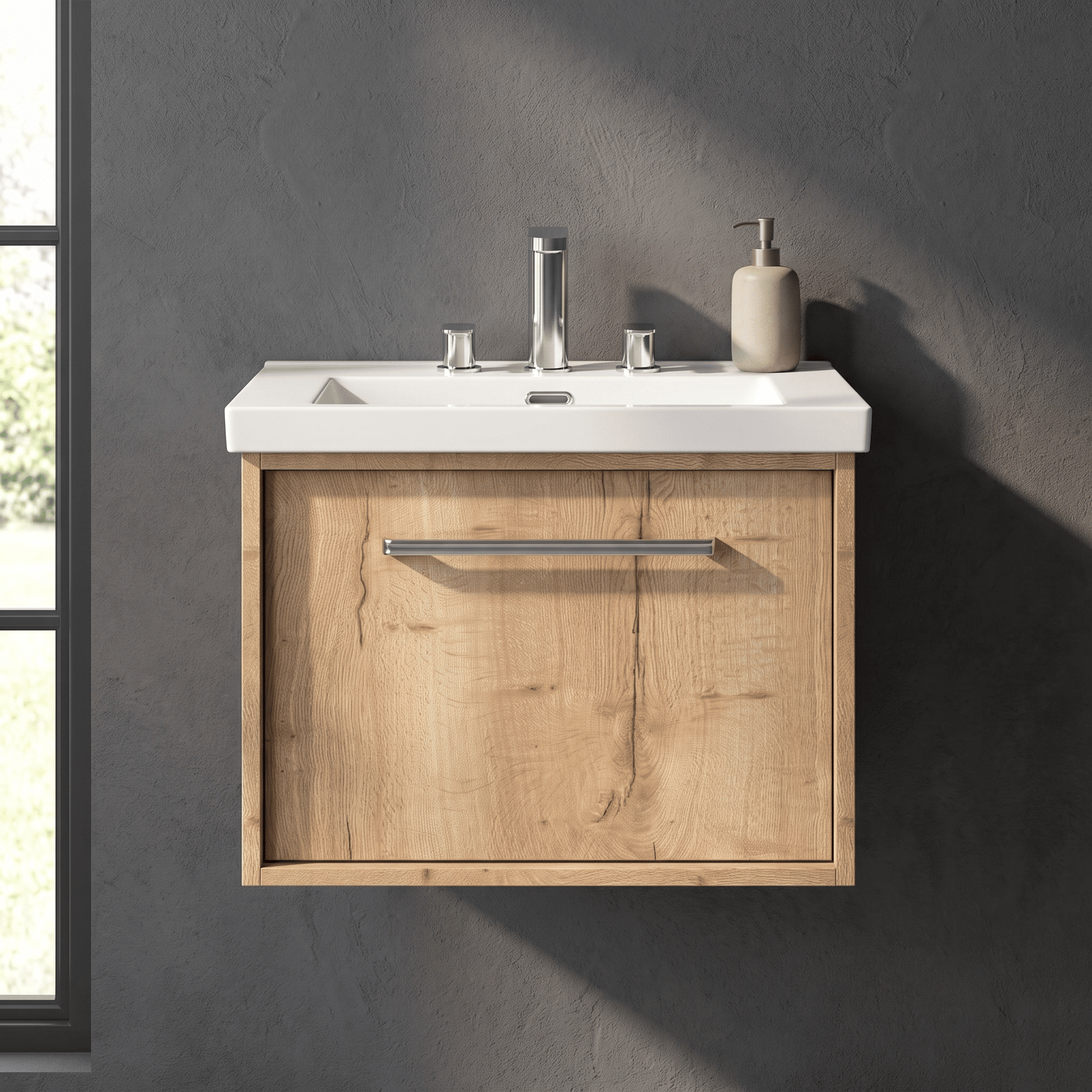 [BFRS1894M] Sturbridge Contemporary Wall Hung 1 Drawer Vanity Unit with 3 Tap Hole Fireclay Basin - Choice of Size and Colour - Silo