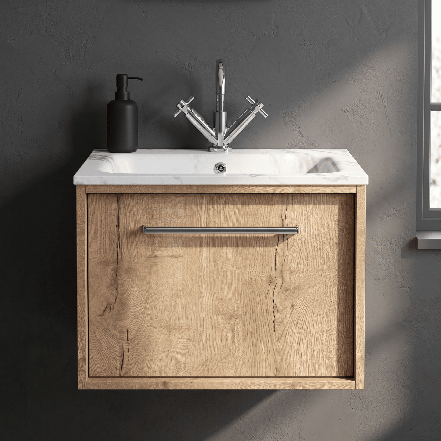 [BFRS1894Q] Sturbridge Contemporary Wall Hung 1 Drawer Vanity Unit with Carrera Marble Stone Basin - Choice of Size and Colour - Silo
