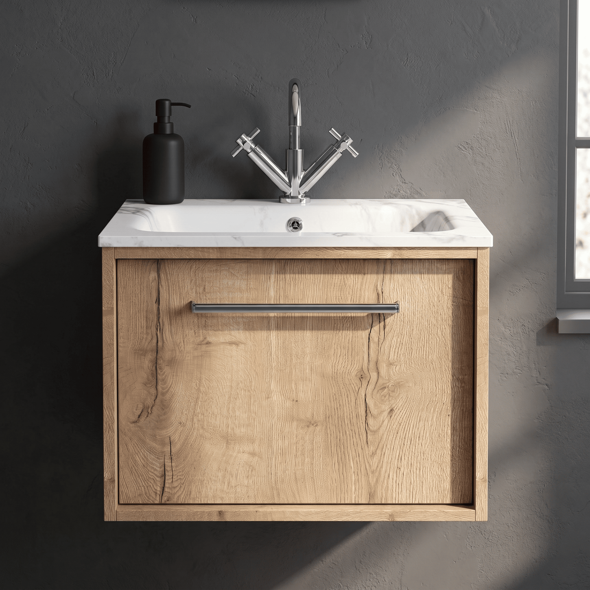 [BFRS1894Q] Sturbridge Contemporary Wall Hung 1 Drawer Vanity Unit with Carrera Marble Stone Basin - Choice of Size and Colour - Silo