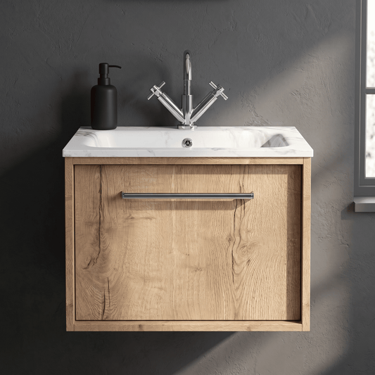 [BFRS1894Q] Sturbridge Contemporary Wall Hung 1 Drawer Vanity Unit with Carrera Marble Stone Basin - Choice of Size and Colour - Silo