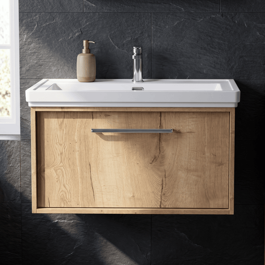[BFRS1896A] Sturbridge Contemporary Wall Hung 1 Drawer Vanity Unit with Traditional 1 Tap Hole Fireclay Basin - Choice of Size and Colour - Silo