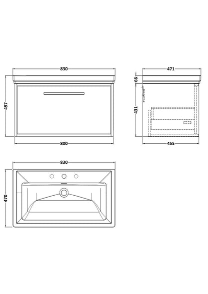 [BFRS1896B] Sturbridge Contemporary Wall Hung 1 Drawer Vanity Unit with Traditional 3 Tap Hole Fireclay Basin - Choice of Size and Colour - Technical Drawing
