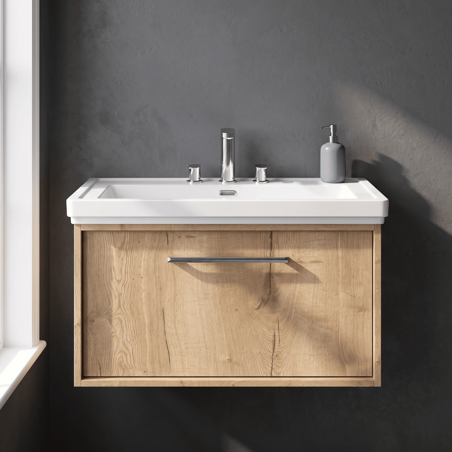 [BFRS1896B] Sturbridge Contemporary Wall Hung 1 Drawer Vanity Unit with Traditional 3 Tap Hole Fireclay Basin - Choice of Size and Colour - Silo