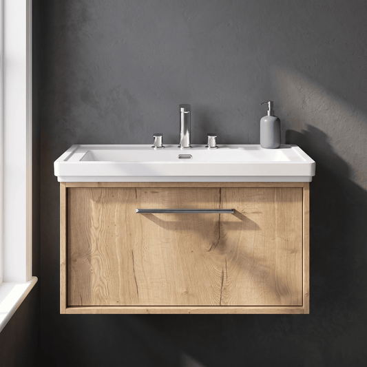 [BFRS1896B] Sturbridge Contemporary Wall Hung 1 Drawer Vanity Unit with Traditional 3 Tap Hole Fireclay Basin - Choice of Size and Colour - Silo