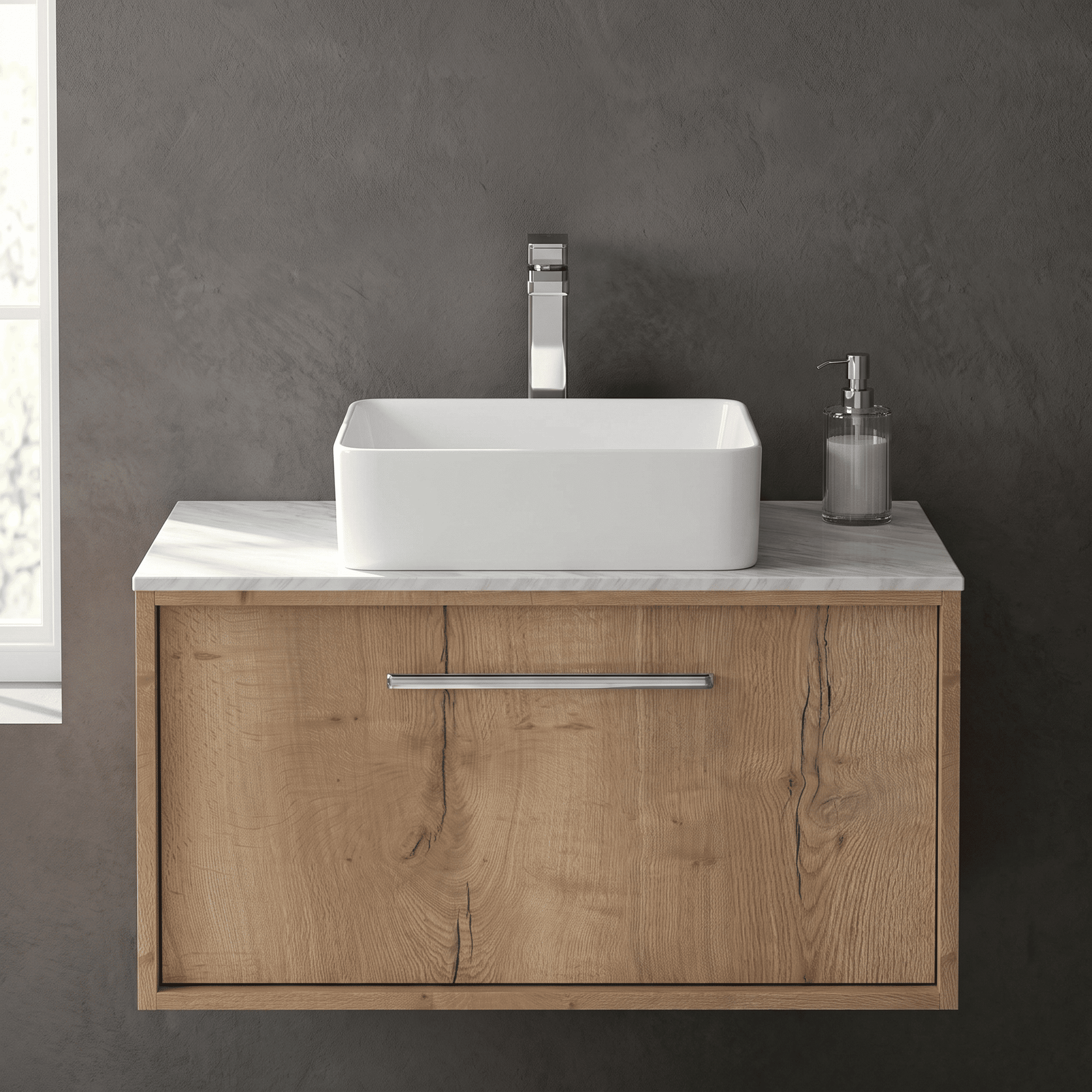 [BFRS1896GMT] Sturbridge Contemporary Wall Hung 1 Drawer Vanity Unit with Grey Marble Top - Choice of Size and Colour - Silo